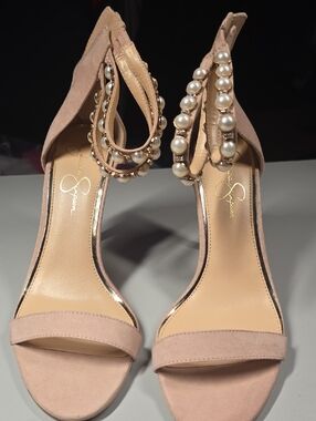 Jessica Simpson Blush Pearl-Embellished Ankle Strap Heels Size 9.5
